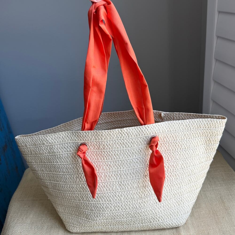 Woven Straw Tote Bag With Orange Fabric Straps Vacation Cruise Resort Coastal